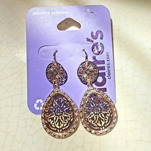 Nwt Claire's rose champagne gold mandala filigree fish hook dangle earrings